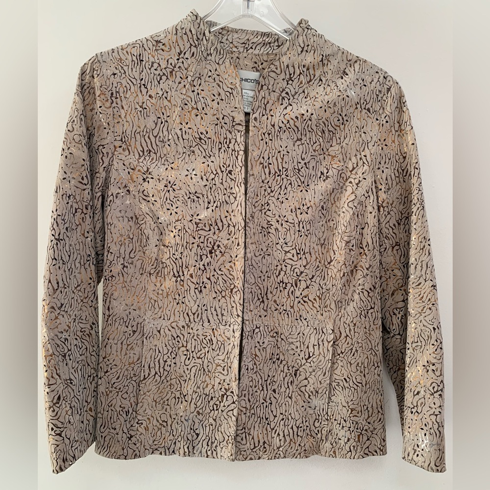 CHICOS Lightweight Tan and Metallic Print on Sueded Leather
